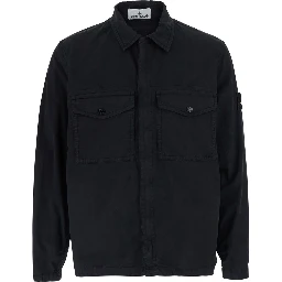 Black Shirt with classic collar and logo patch on the sleeve in cotton for men