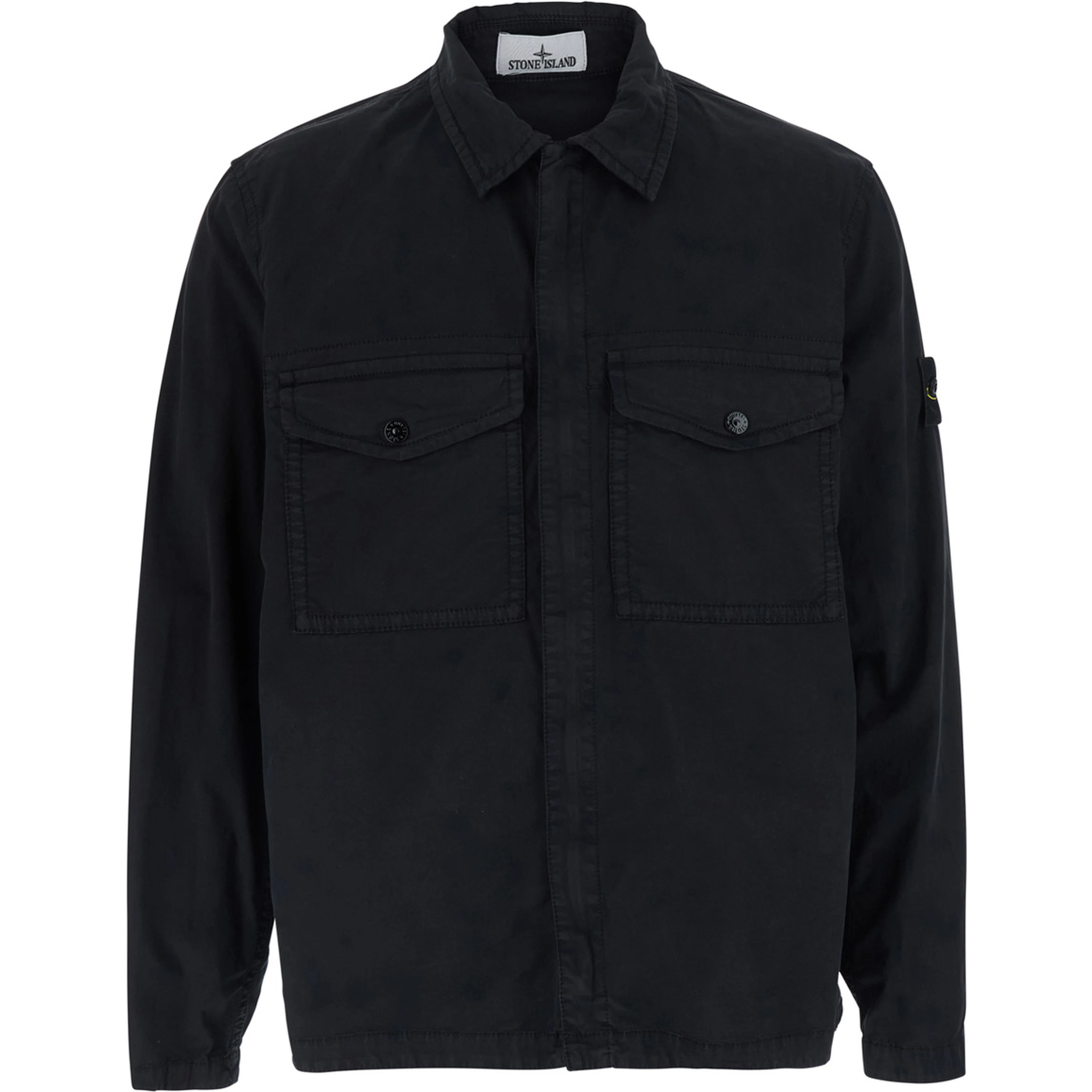 Black Shirt with classic collar and logo patch on the sleeve in cotton for men
