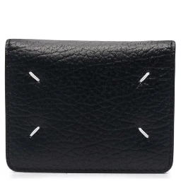 Bifold Wallet with Stitching Detail and Clasp in Grained Black Leather for Women