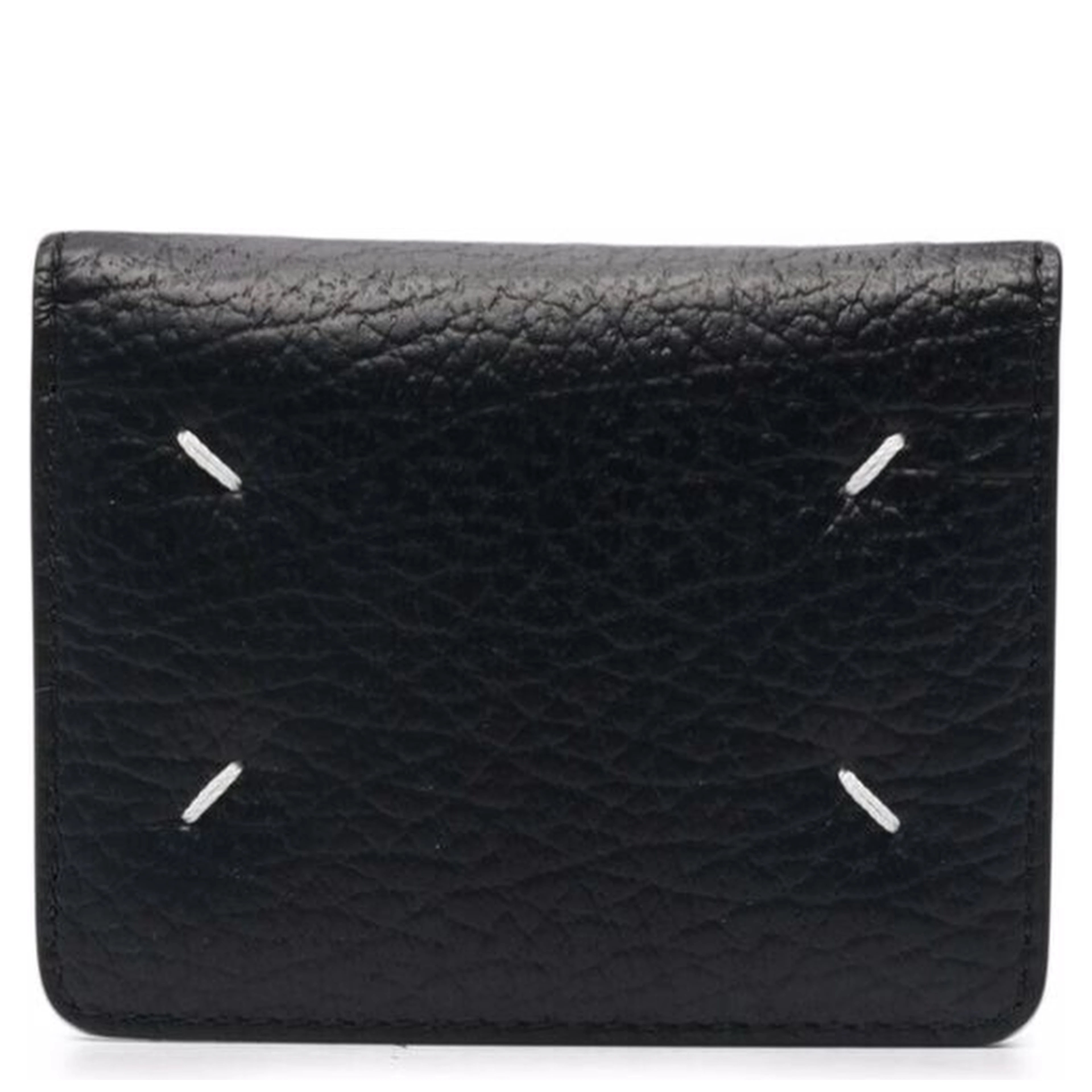 Bifold Wallet with Stitching Detail and Clasp in Grained Black Leather for Women
