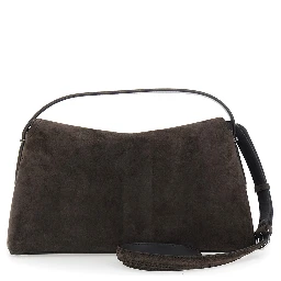 Brown Handbag with T Plate Closure and Removable Shoulder Strap in Suede for Women