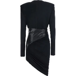 URSULA black Dress with ecoleather details and draped design in viscose for women