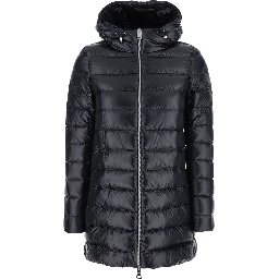 Down jacket with fixed hood and zip pockets in black tech fabric for women