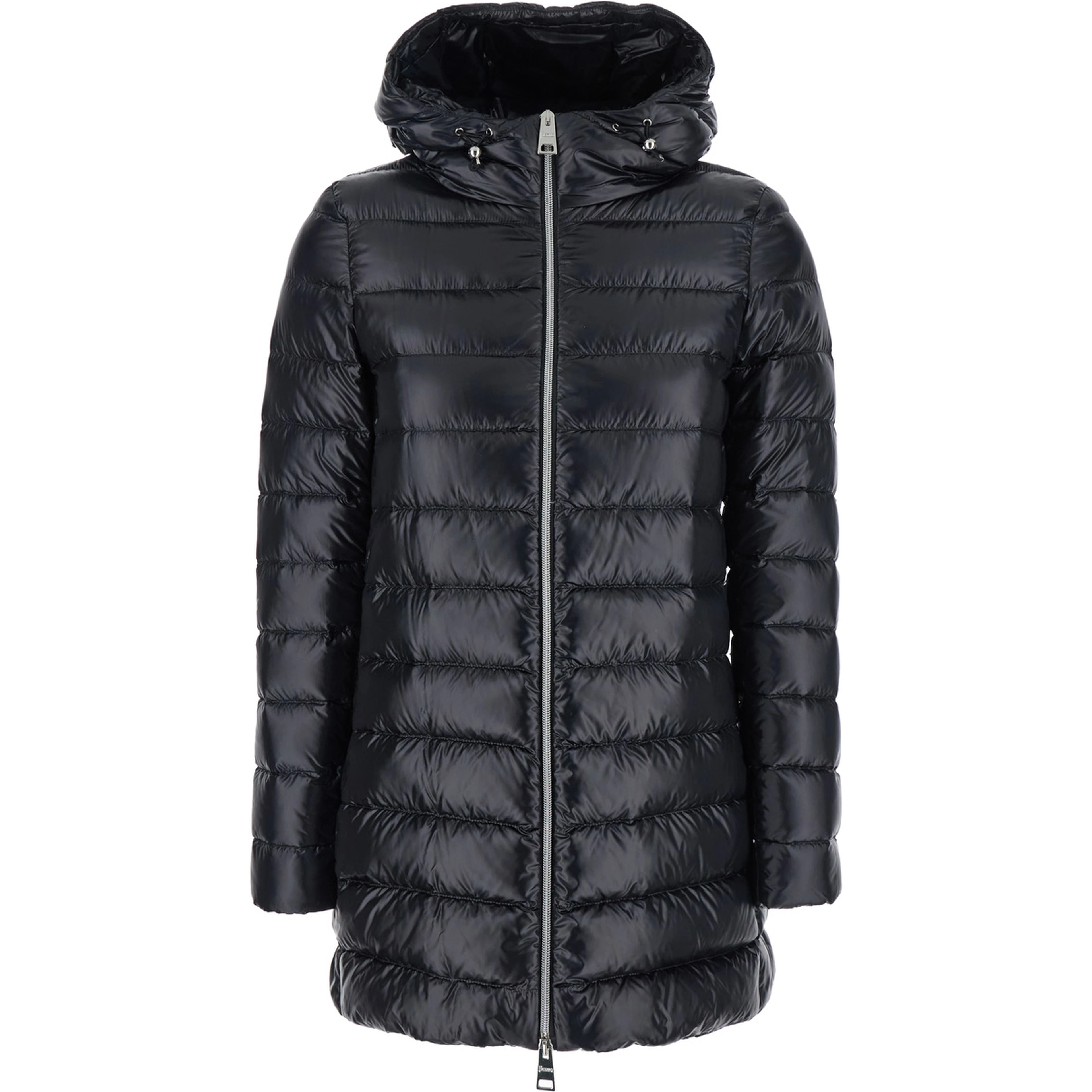 Down jacket with fixed hood and zip pockets in black tech fabric for women