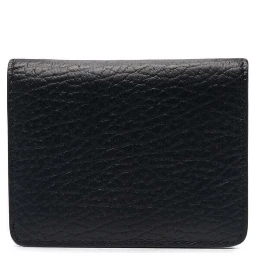 Bifold Wallet with Stitching Detail and Clasp in Grained Black Leather for Women