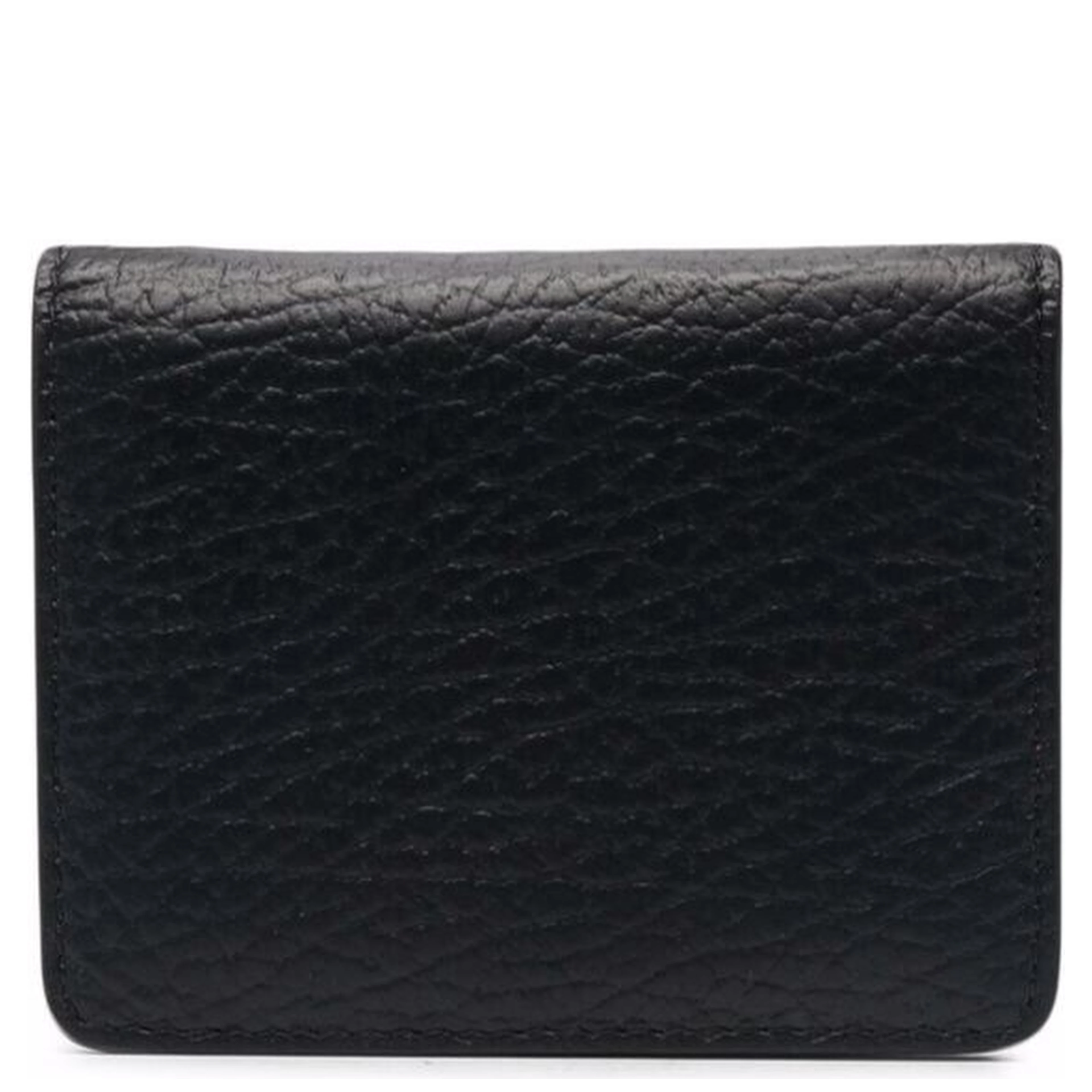 Bifold Wallet with Stitching Detail and Clasp in Grained Black Leather for Women