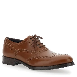 Brown Lace-up Shoes with Front Lace Closure and Low Heel in Leather for Men