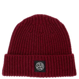 Red Beanie with Ribbed Design and Logo Patch on Front in Wool Boy