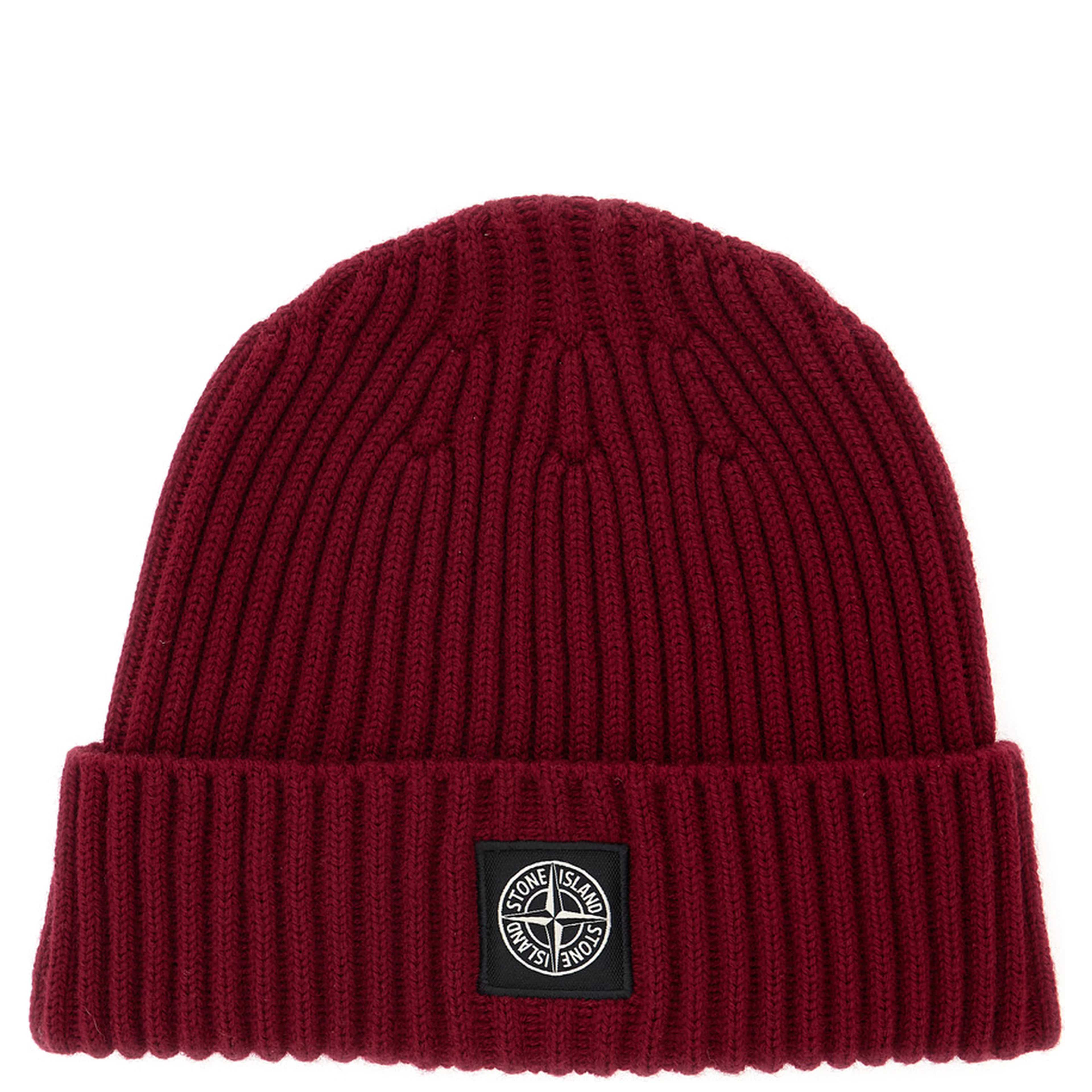 Red Beanie with Ribbed Design and Logo Patch on Front in Wool Boy