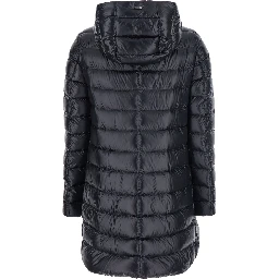 Down jacket with fixed hood and zip pockets in black tech fabric for women