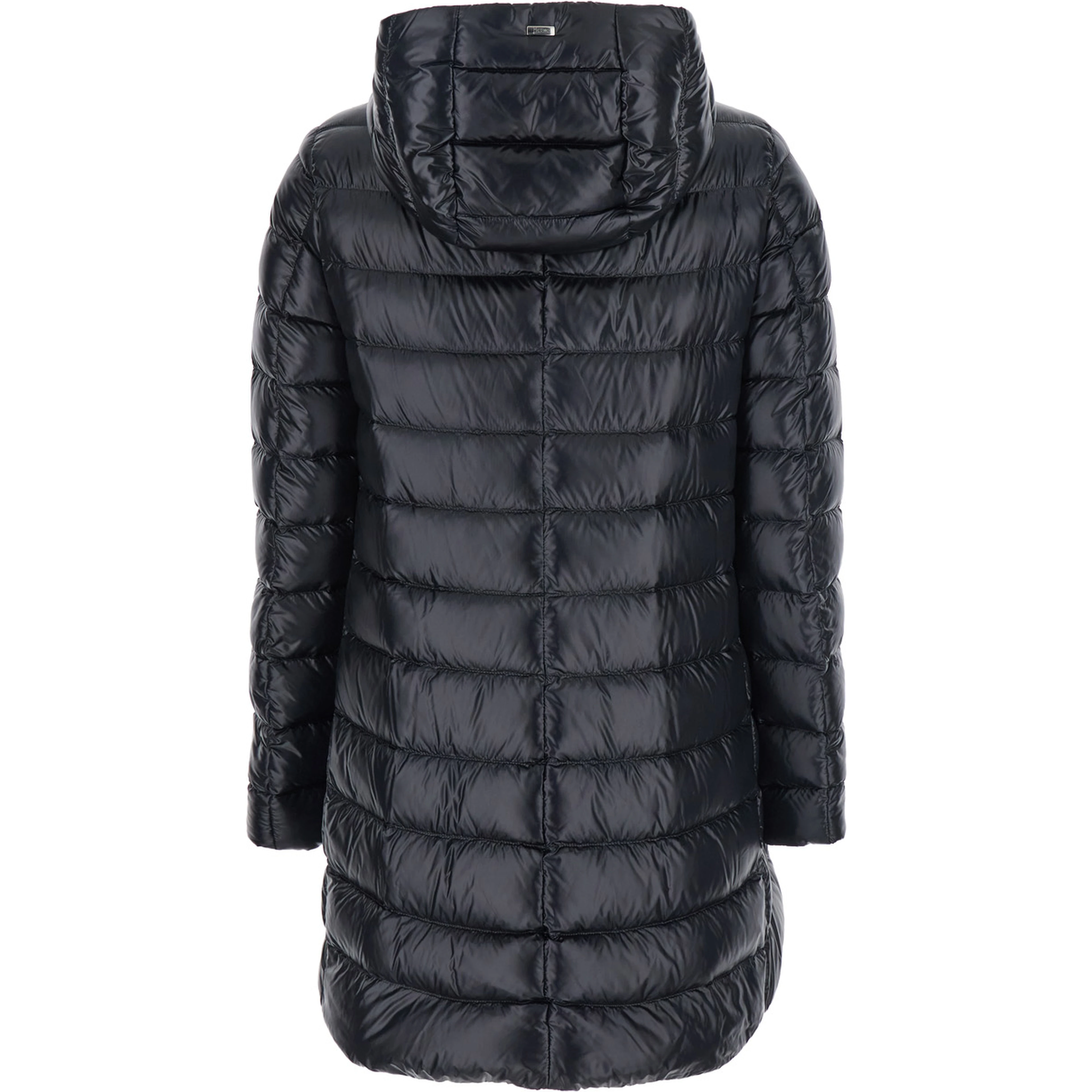 Down jacket with fixed hood and zip pockets in black tech fabric for women