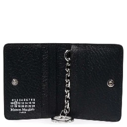 Bifold Wallet with Stitching Detail and Clasp in Grained Black Leather for Women