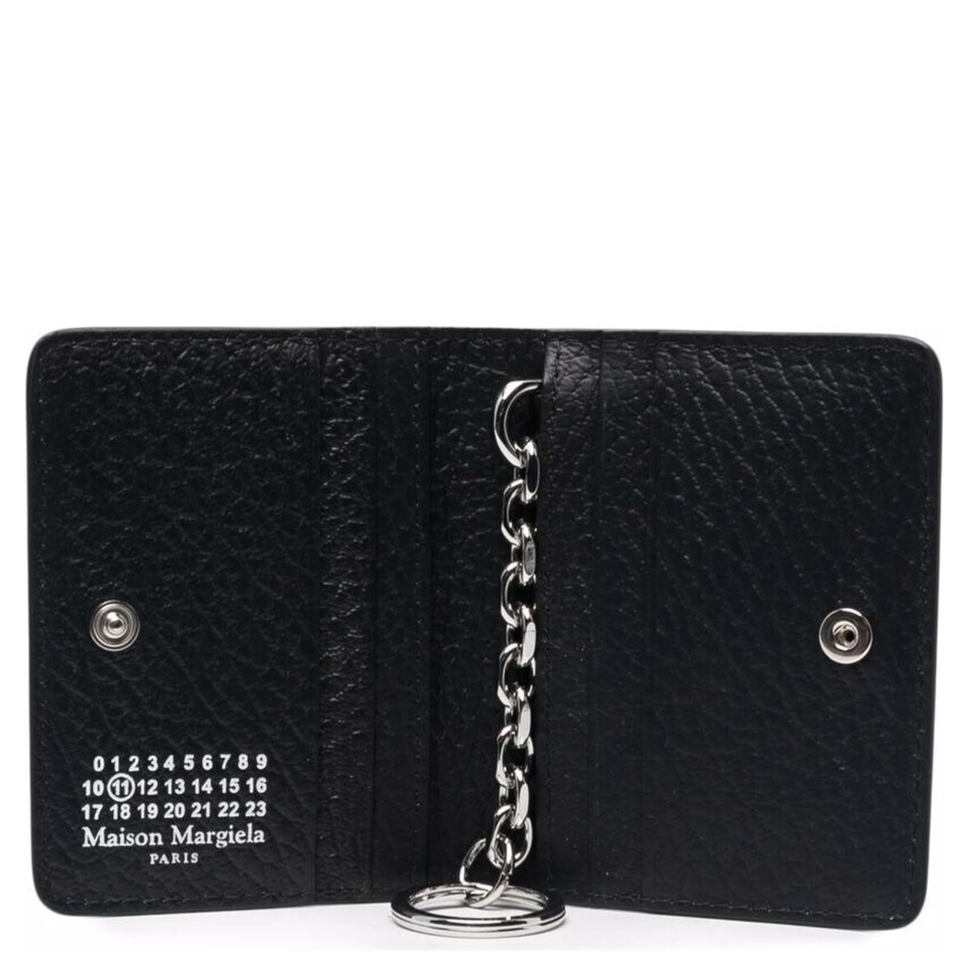 Bifold Wallet with Stitching Detail and Clasp in Grained Black Leather for Women