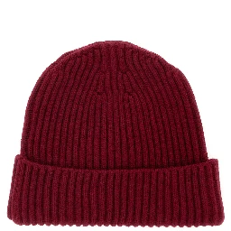 Red Beanie with Ribbed Design and Logo Patch on Front in Wool Boy