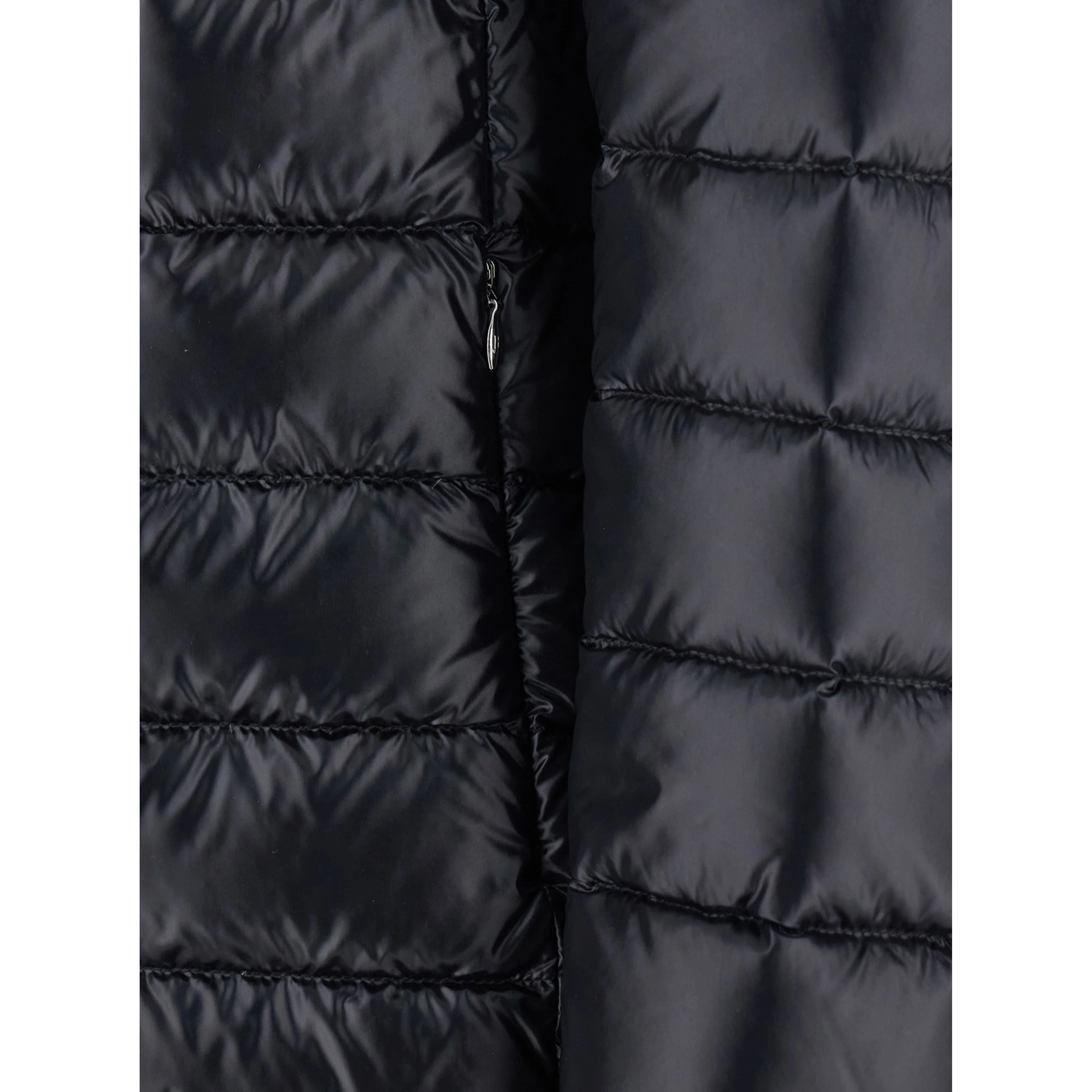Down jacket with fixed hood and zip pockets in black tech fabric for women