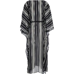 Black and White Caftan with waist belt and striped motif in silk for women