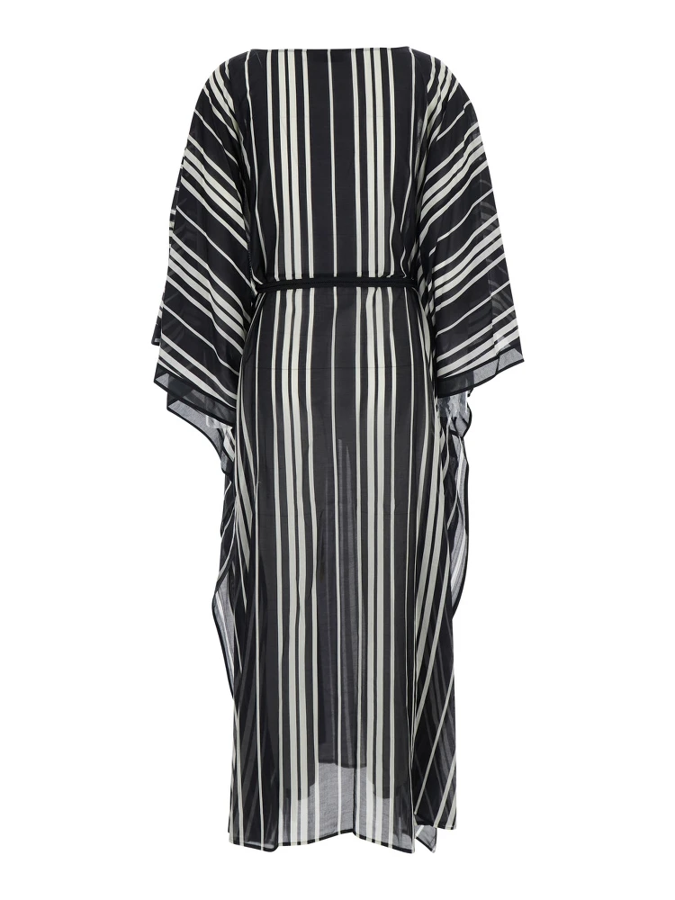 Black and White Caftan with waist belt and striped motif in silk for women