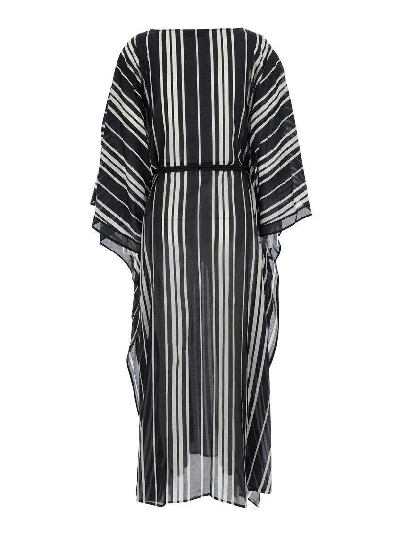 Black and White Caftan with waist belt and striped motif in silk for women