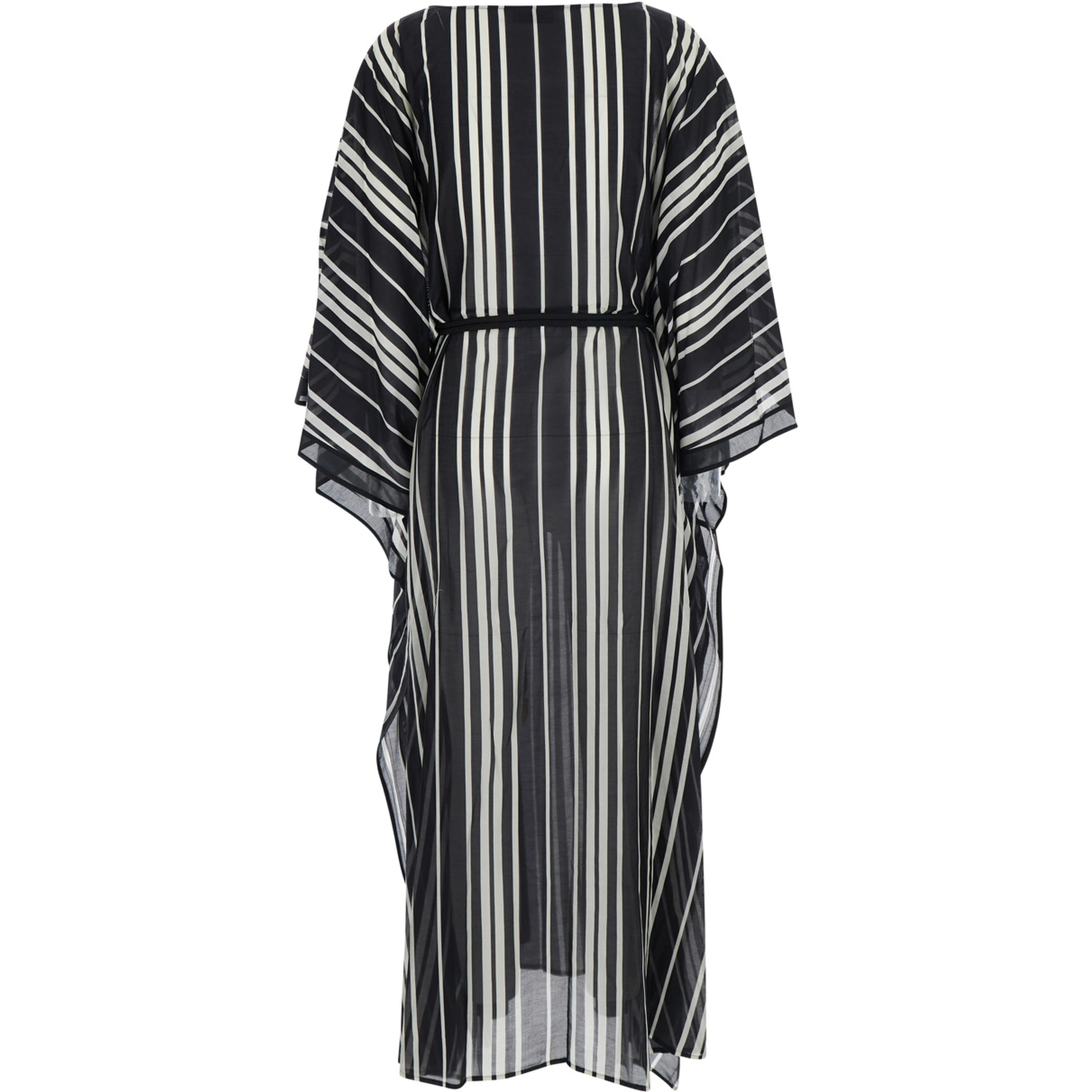 Black and White Caftan with waist belt and striped motif in silk for women
