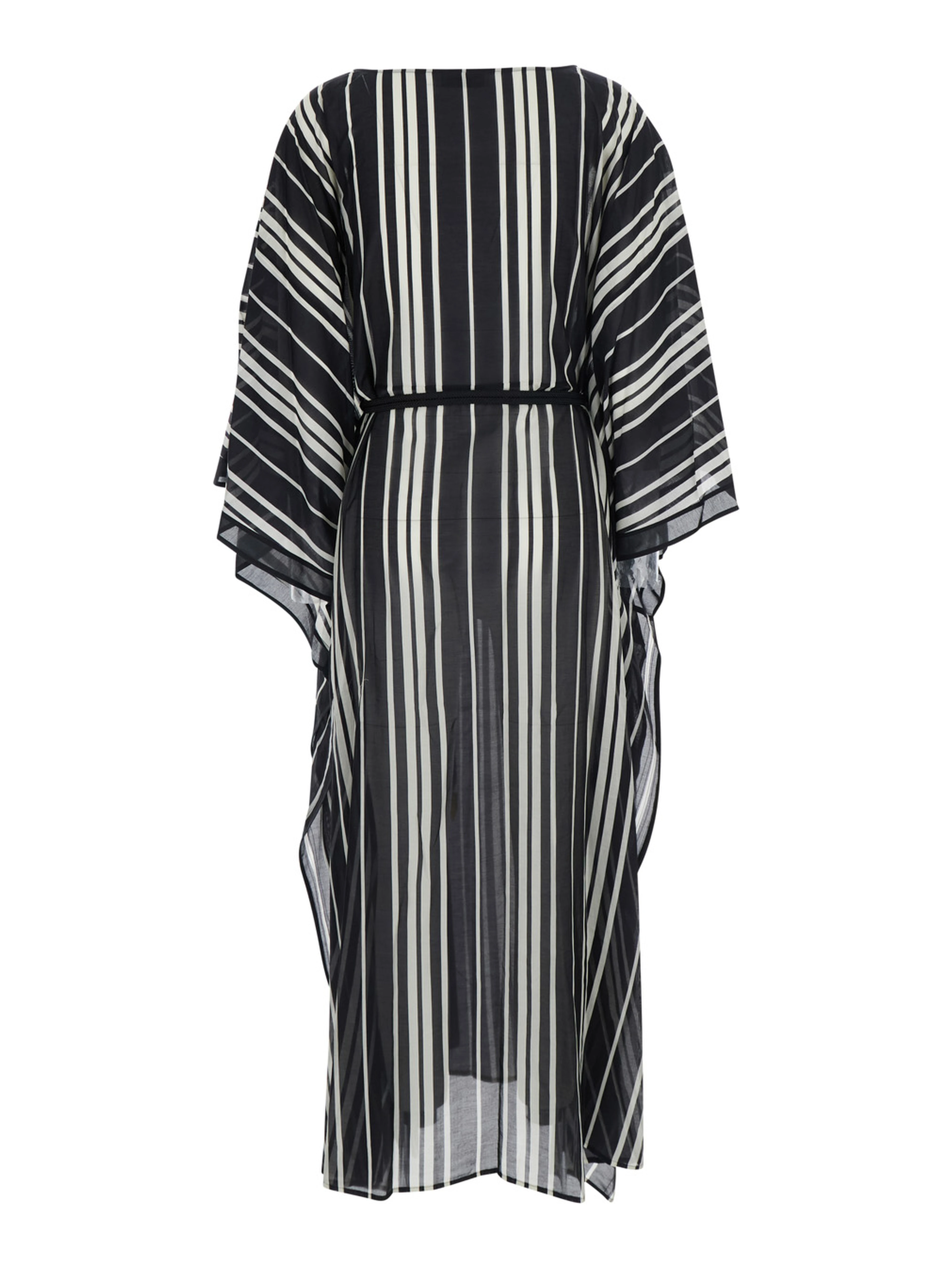 Black and White Caftan with waist belt and striped motif in silk for women
