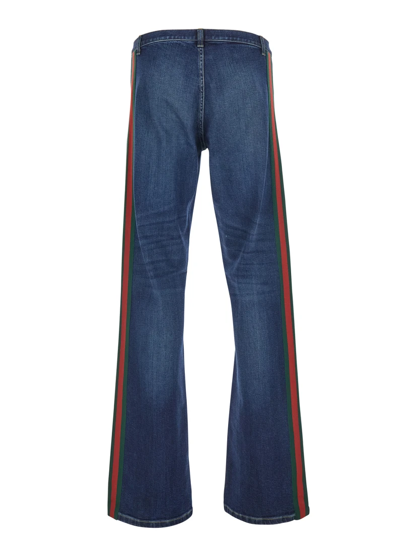Blue Low-rise Jeans with Web Stripe on the Side and Flared Leg in Denim for Men