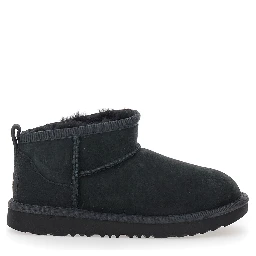 UGG Ultra Mini Black Suede Ankle Boots with Tone-on-Tone Stitching and Flat Rubber Sole, Black, Girl