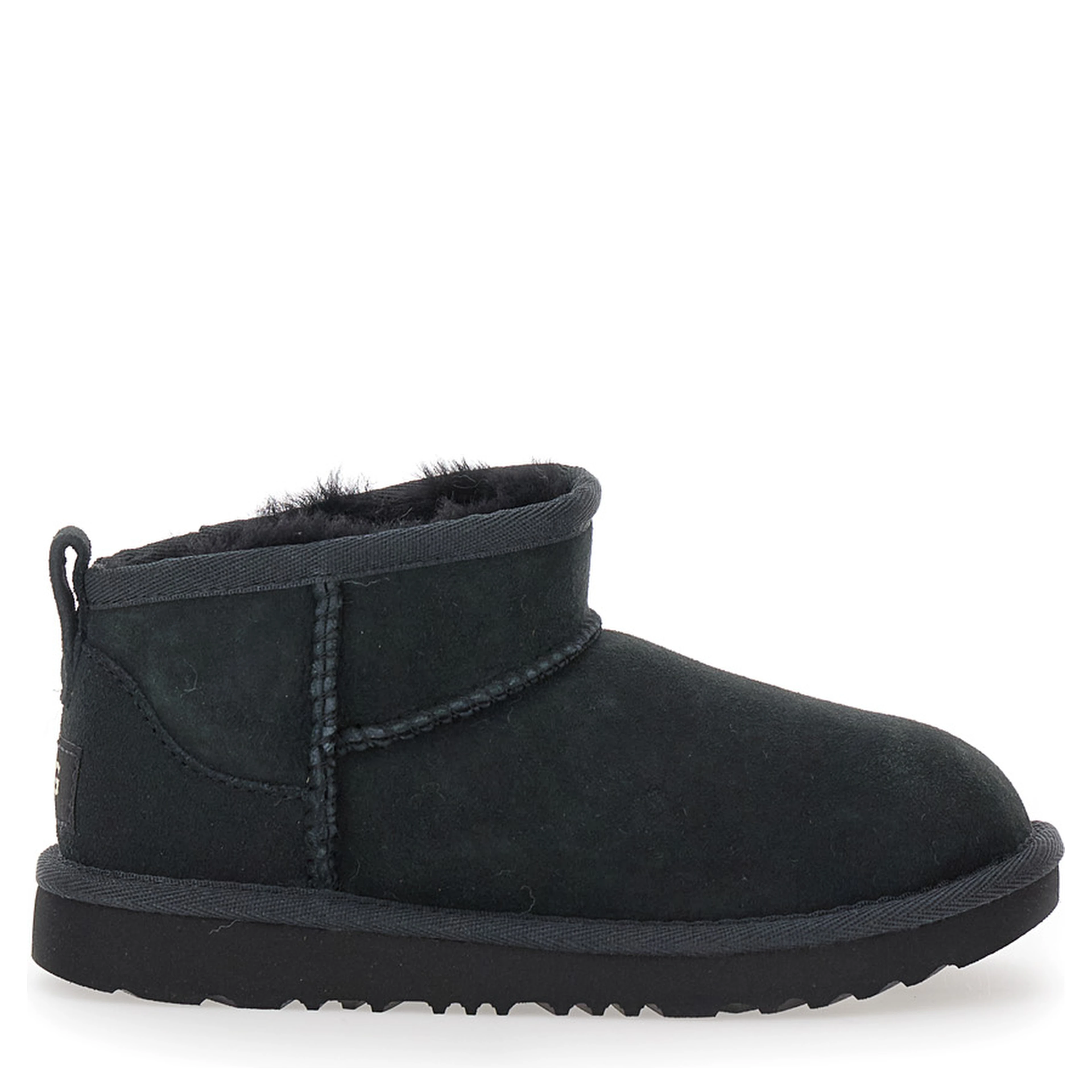UGG Ultra Mini Black Suede Ankle Boots with Tone-on-Tone Stitching and Flat Rubber Sole, Black, Girl