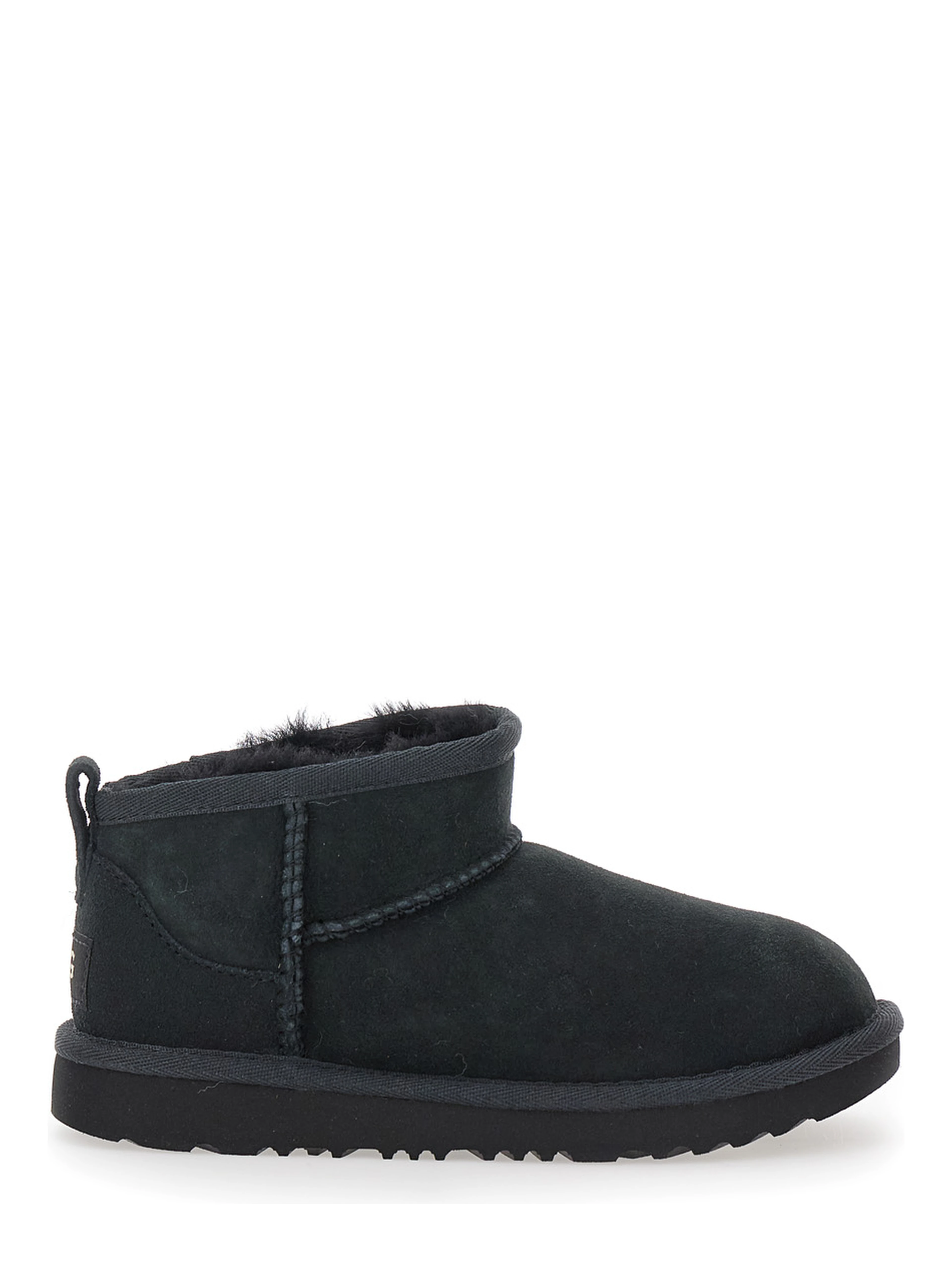 UGG Ultra Mini Black Suede Ankle Boots with Tone-on-Tone Stitching and Flat Rubber Sole, Black, Girl