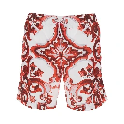Bordeaux swim shorts with drawstring waist and all-over Maiolica print in tech fabric for men