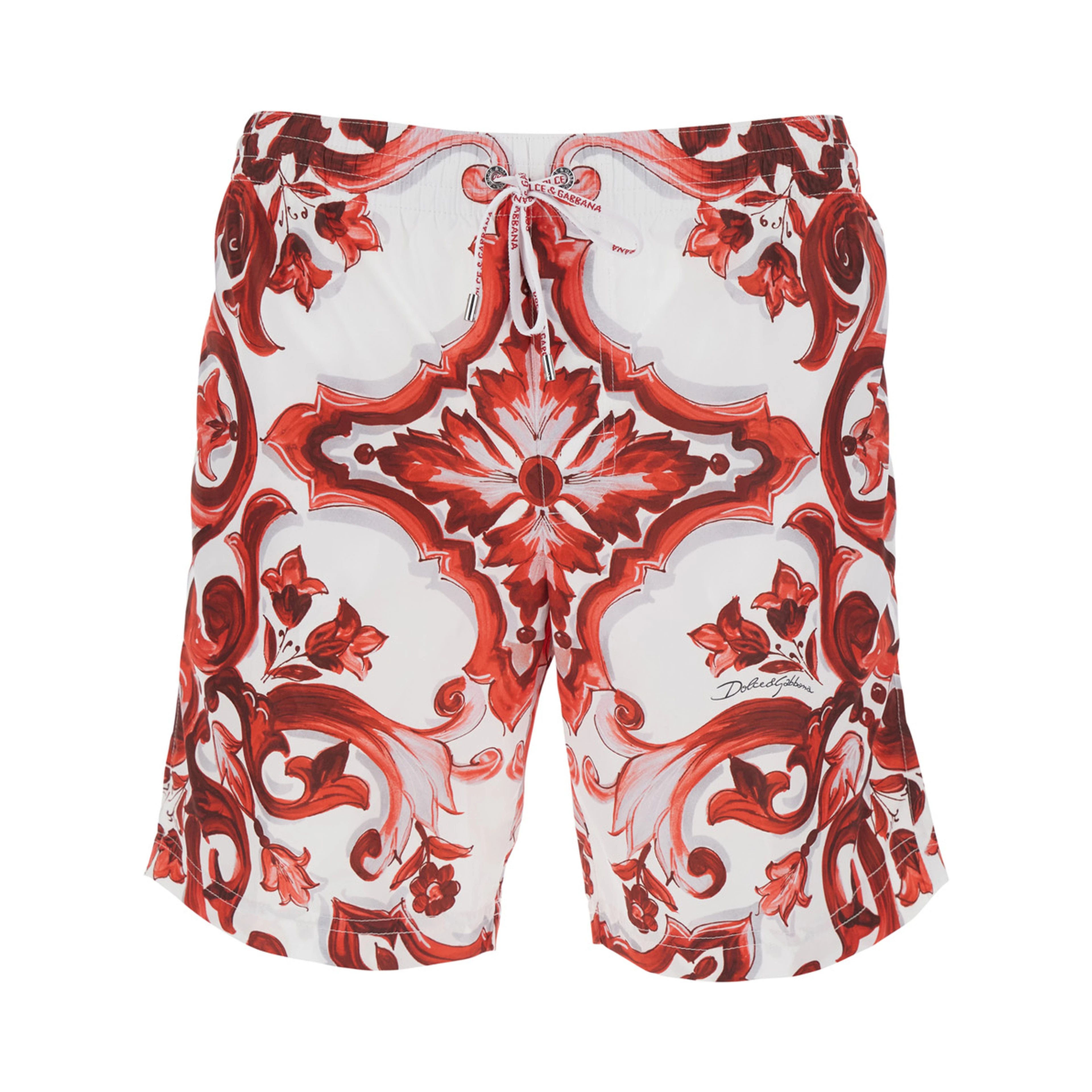 Bordeaux swim shorts with drawstring waist and all-over Maiolica print in tech fabric for men