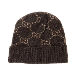 GG Jacquard Brown Hat with Brim and Cuff in Cashmere Men