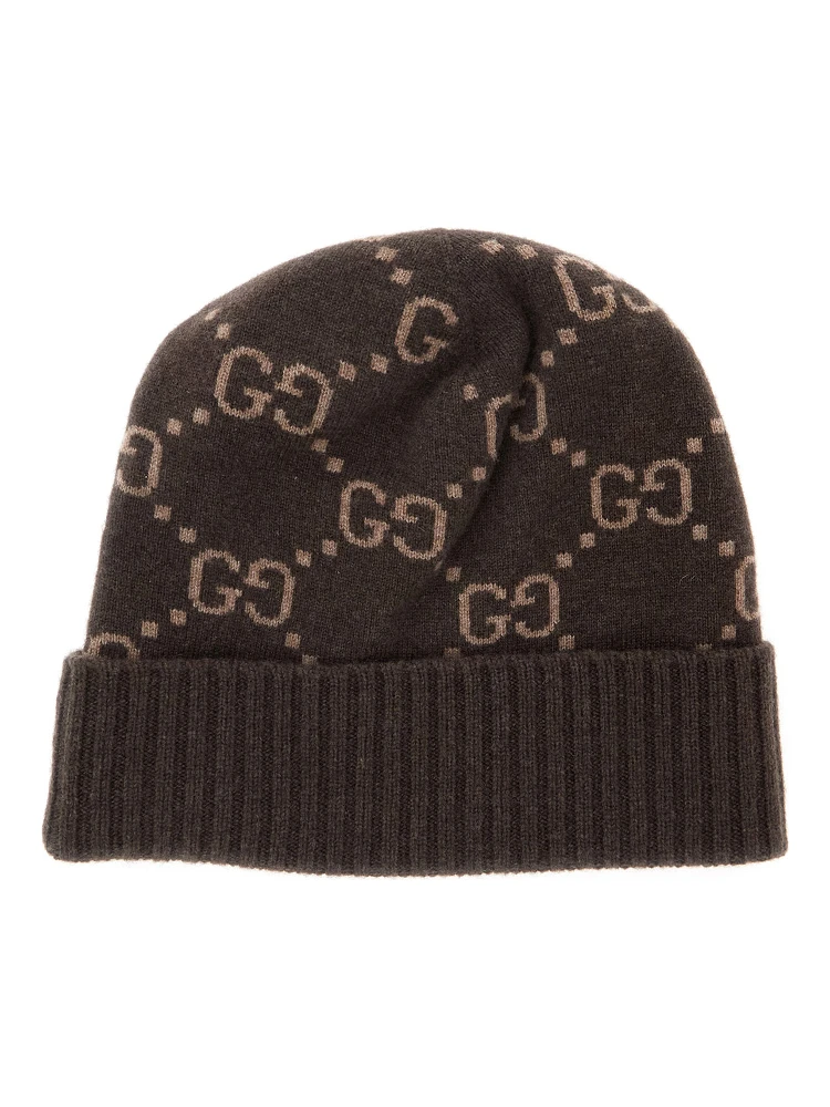 GG Jacquard Brown Hat with Brim and Cuff in Cashmere Men