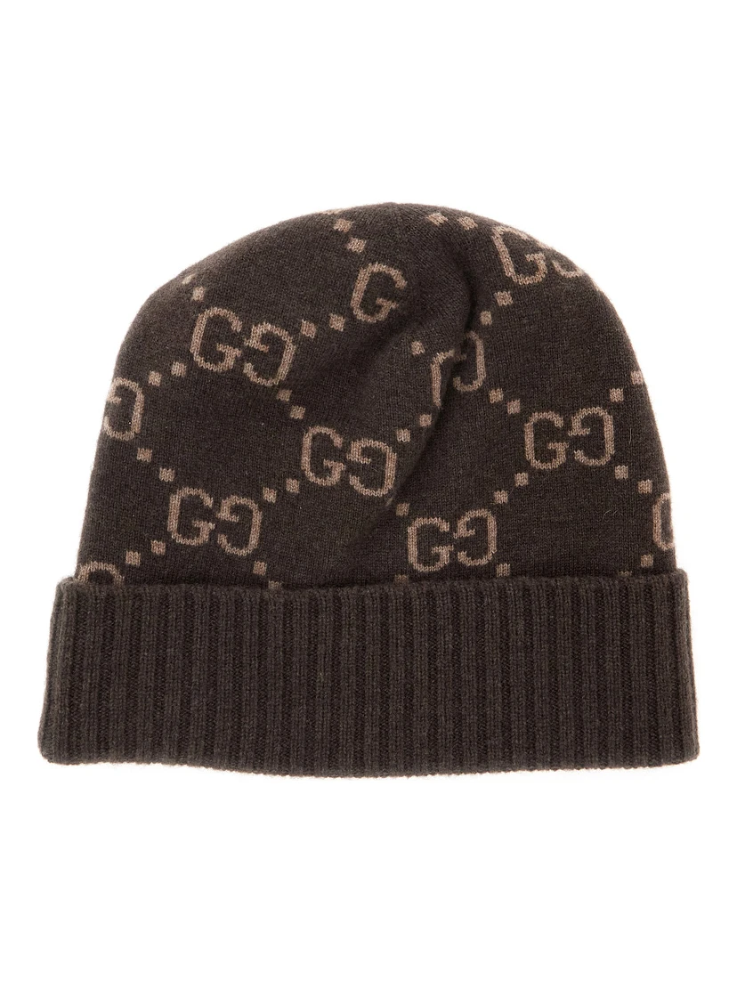 GG Jacquard Brown Hat with Brim and Cuff in Cashmere Men