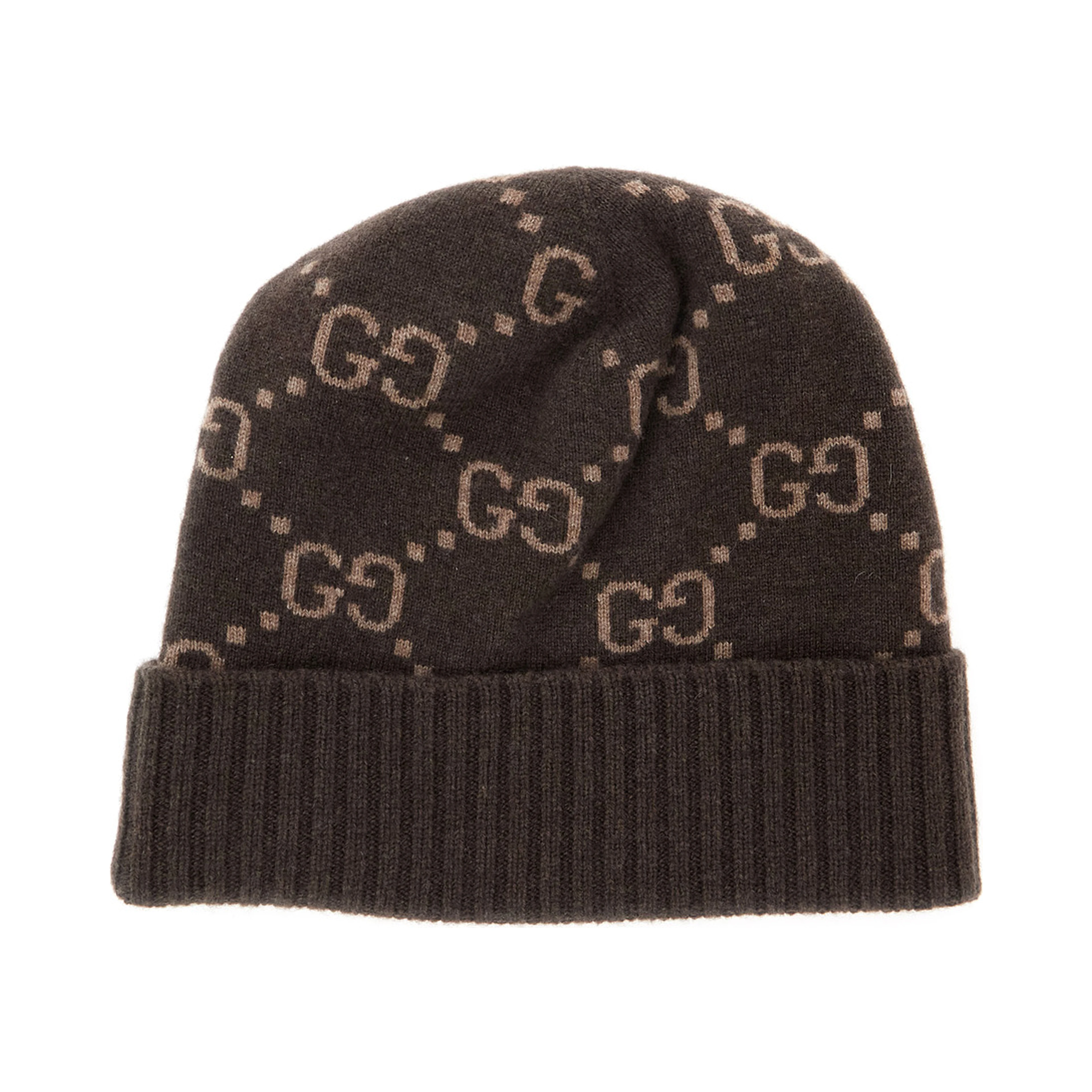 GG Jacquard Brown Hat with Brim and Cuff in Cashmere Men