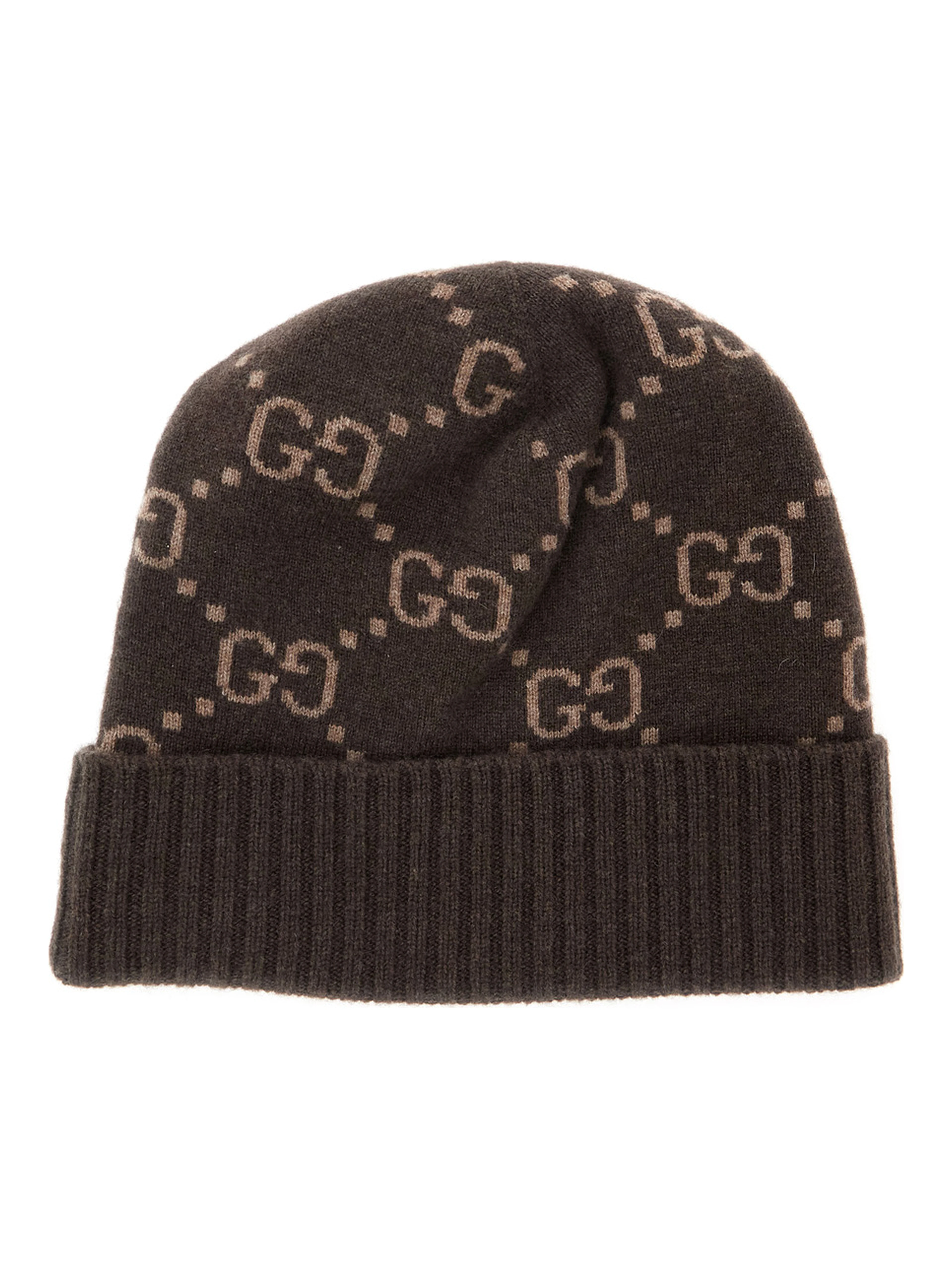GG Jacquard Brown Hat with Brim and Cuff in Cashmere Men