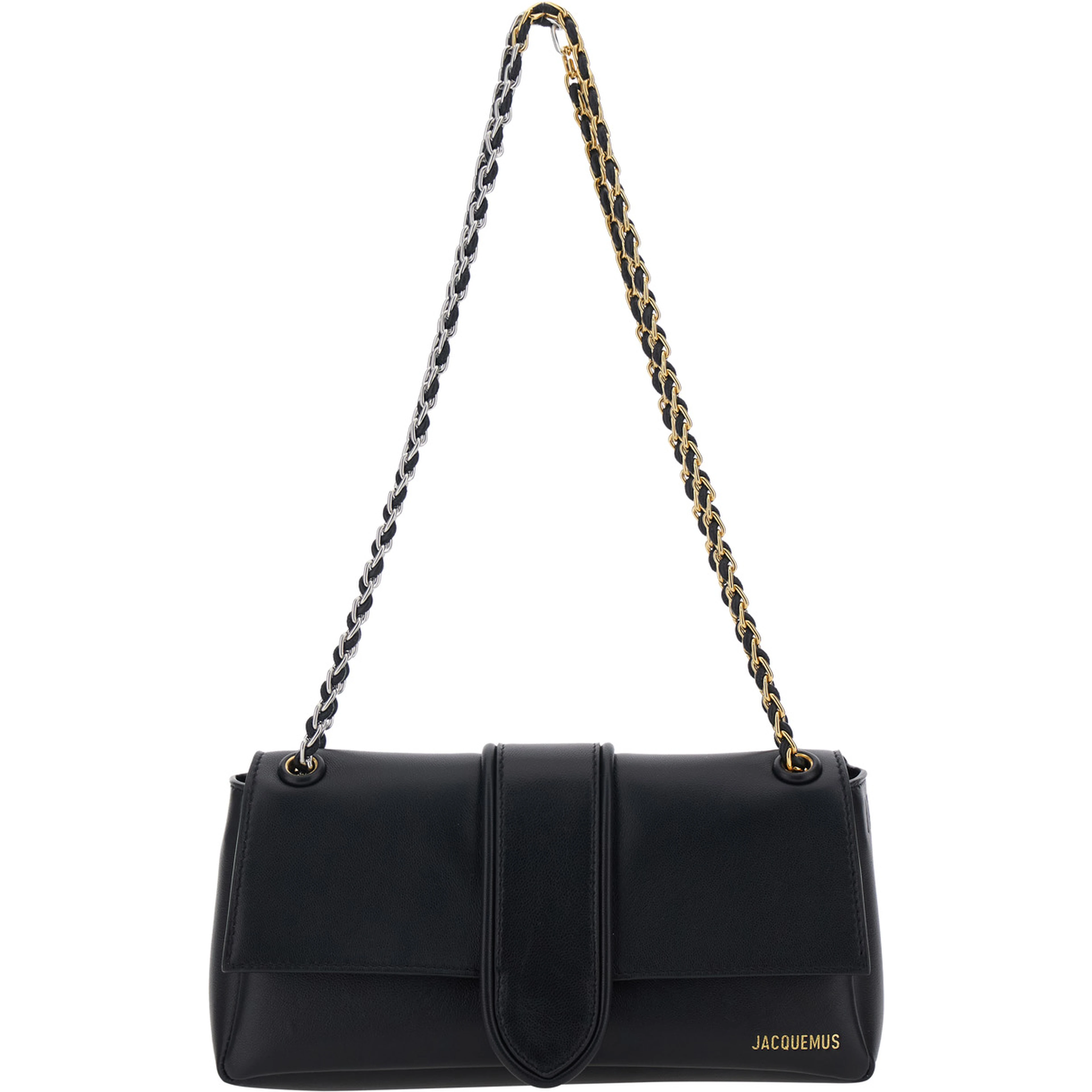 LE BAMBINO CHAINE is a crossbody bag in black lamb leather with unisex metallic details