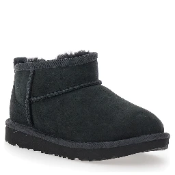 UGG Ultra Mini Black Suede Ankle Boots with Tone-on-Tone Stitching and Flat Rubber Sole, Black, Girl