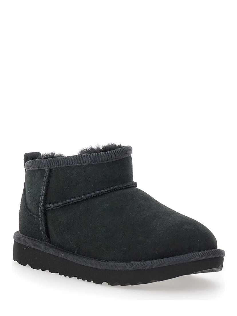 UGG Ultra Mini Black Suede Ankle Boots with Tone-on-Tone Stitching and Flat Rubber Sole, Black, Girl