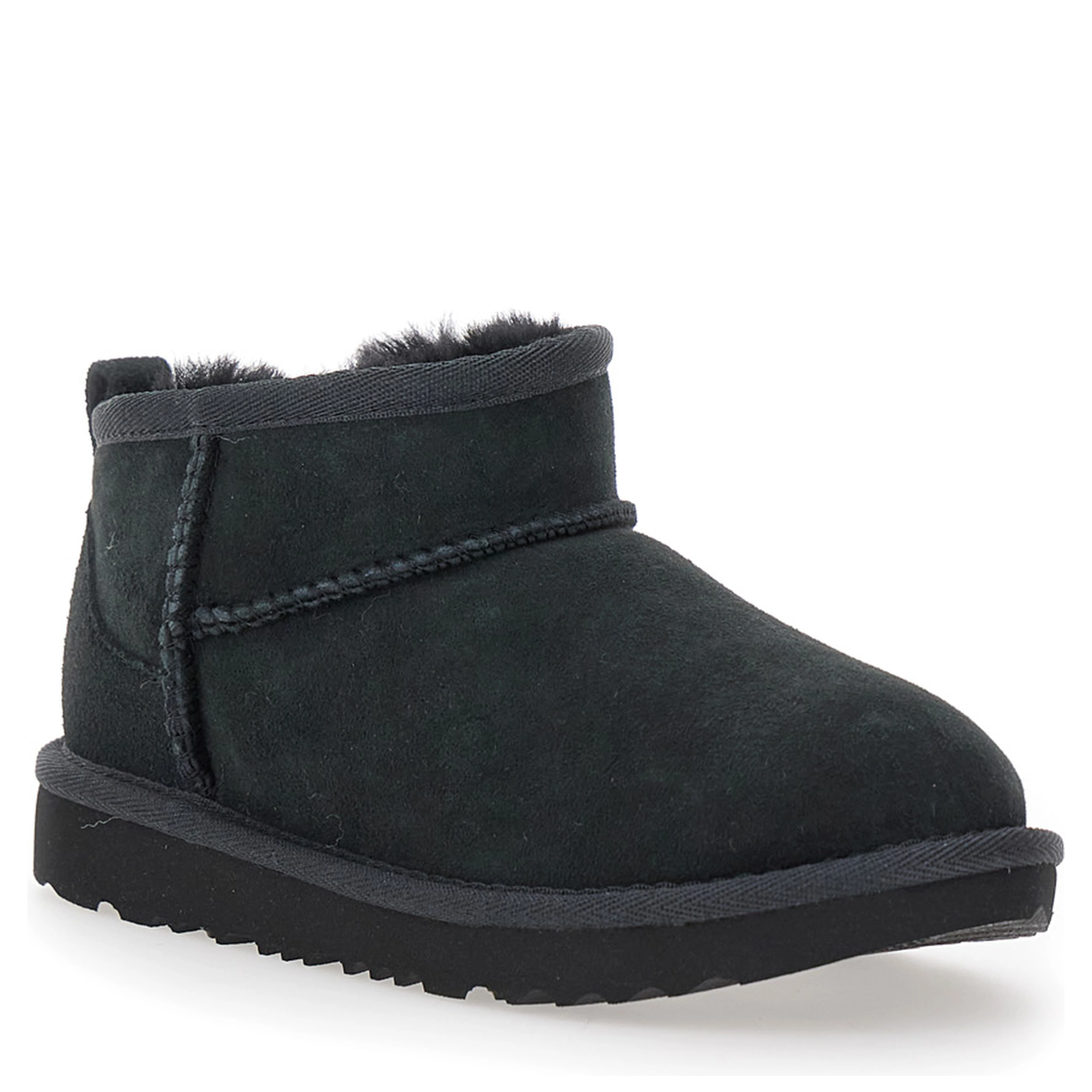 UGG Ultra Mini Black Suede Ankle Boots with Tone-on-Tone Stitching and Flat Rubber Sole, Black, Girl