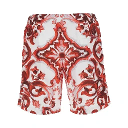 Bordeaux swim shorts with drawstring waist and all-over Maiolica print in tech fabric for men