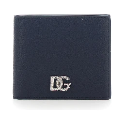 Blue Bi-Fold Wallet with Logo Plate on the Front in Leather for Men