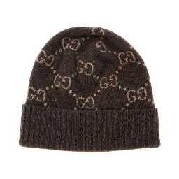GG Jacquard Brown Hat with Brim and Cuff in Cashmere Men