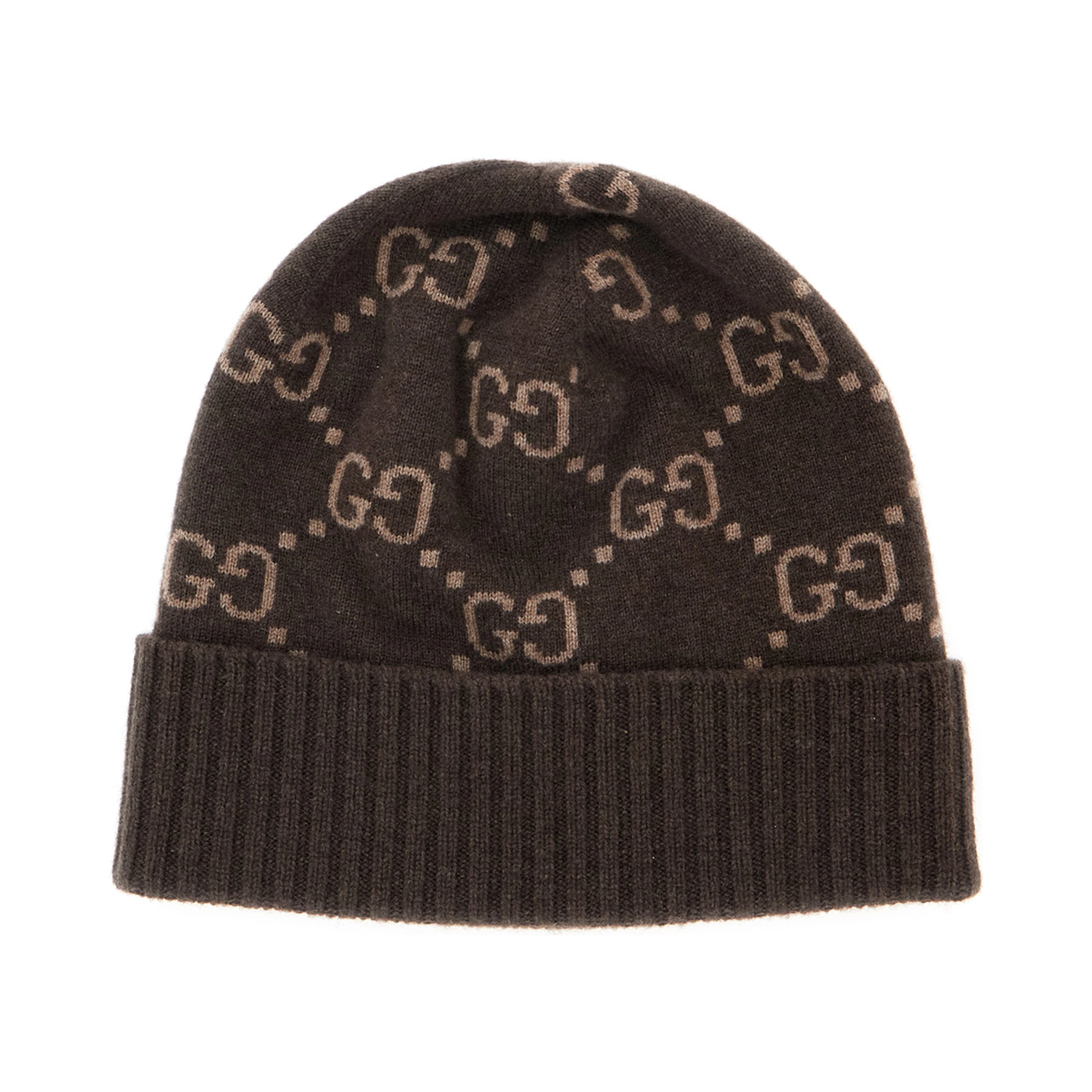 GG Jacquard Brown Hat with Brim and Cuff in Cashmere Men
