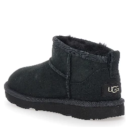 UGG Ultra Mini Black Suede Ankle Boots with Tone-on-Tone Stitching and Flat Rubber Sole, Black, Girl