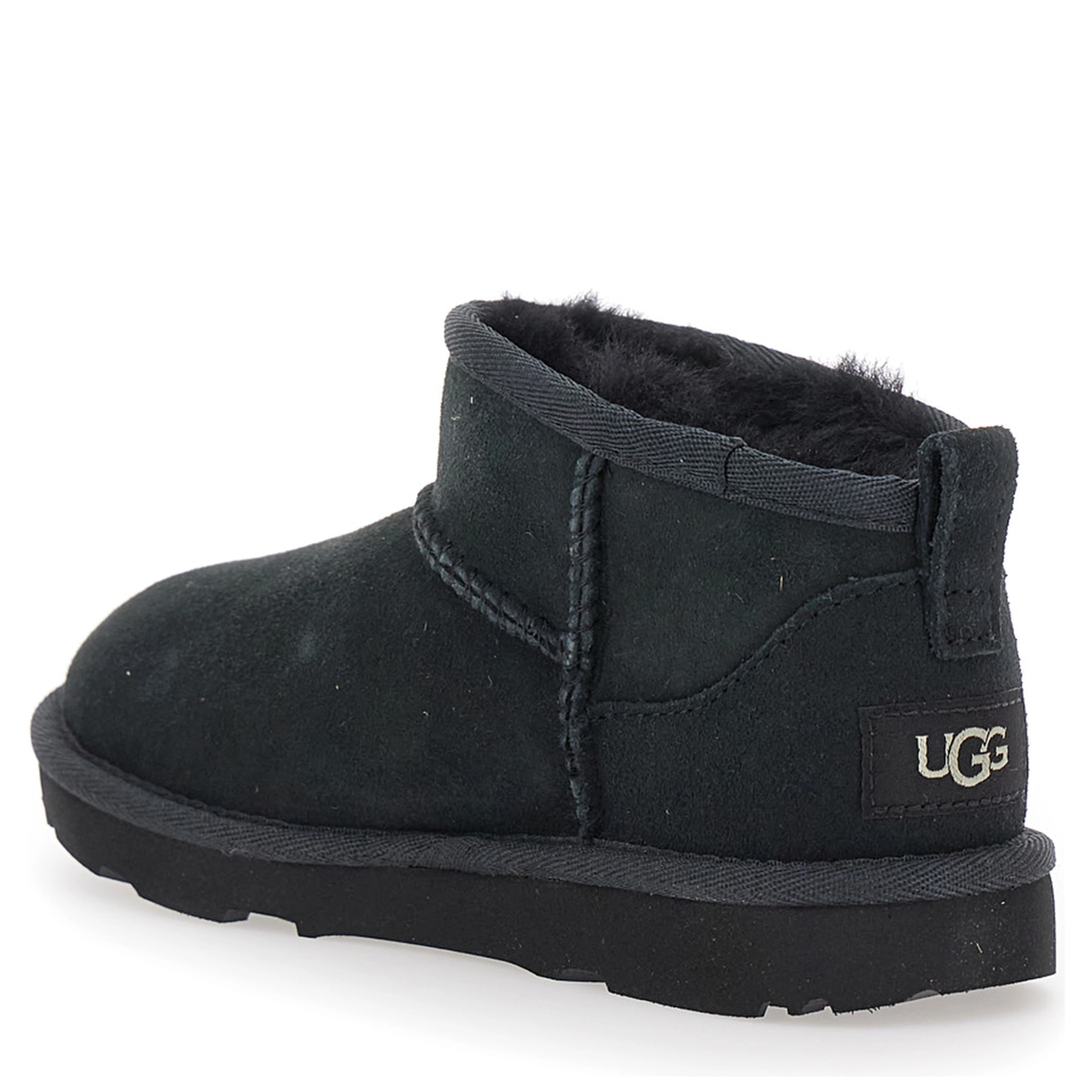 UGG Ultra Mini Black Suede Ankle Boots with Tone-on-Tone Stitching and Flat Rubber Sole, Black, Girl