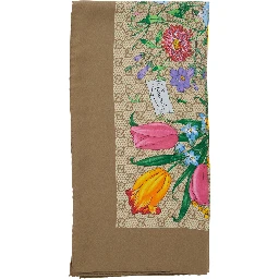 Beige scarf with floral and all-over GG print in silk twill for women