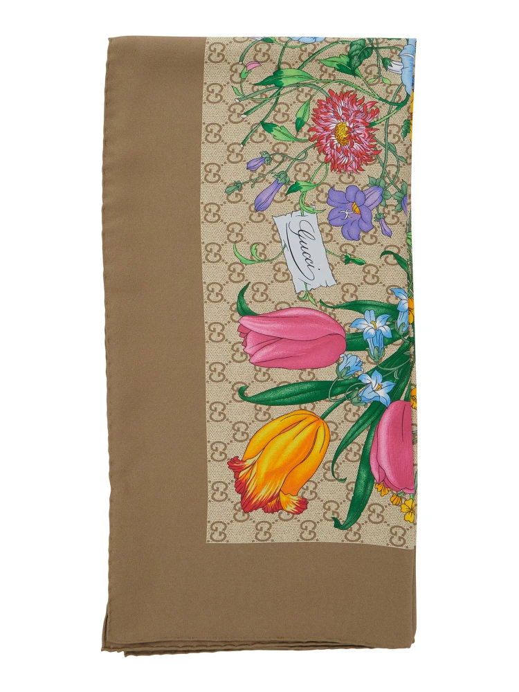 Beige scarf with floral and all-over GG print in silk twill for women