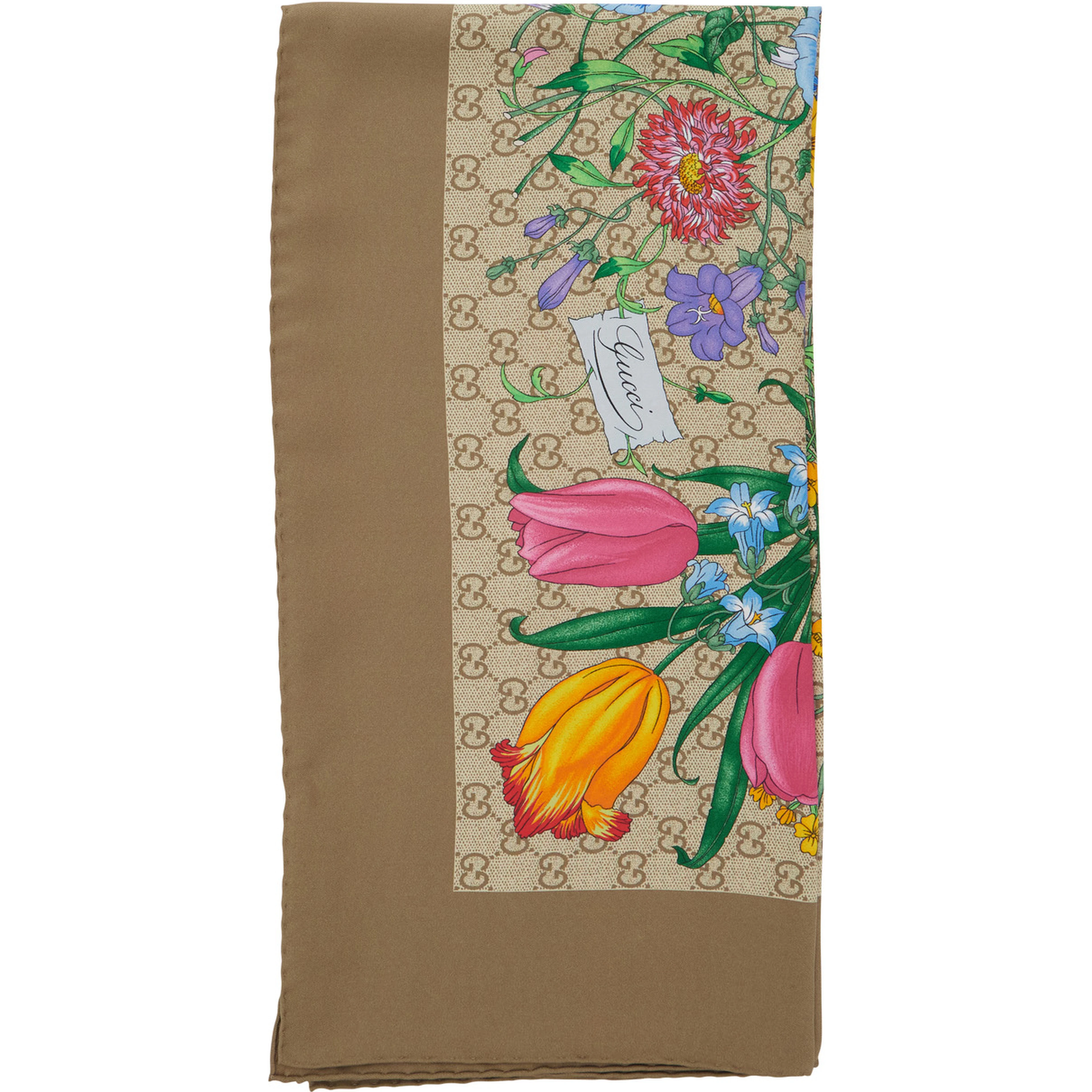 Beige scarf with floral and all-over GG print in silk twill for women