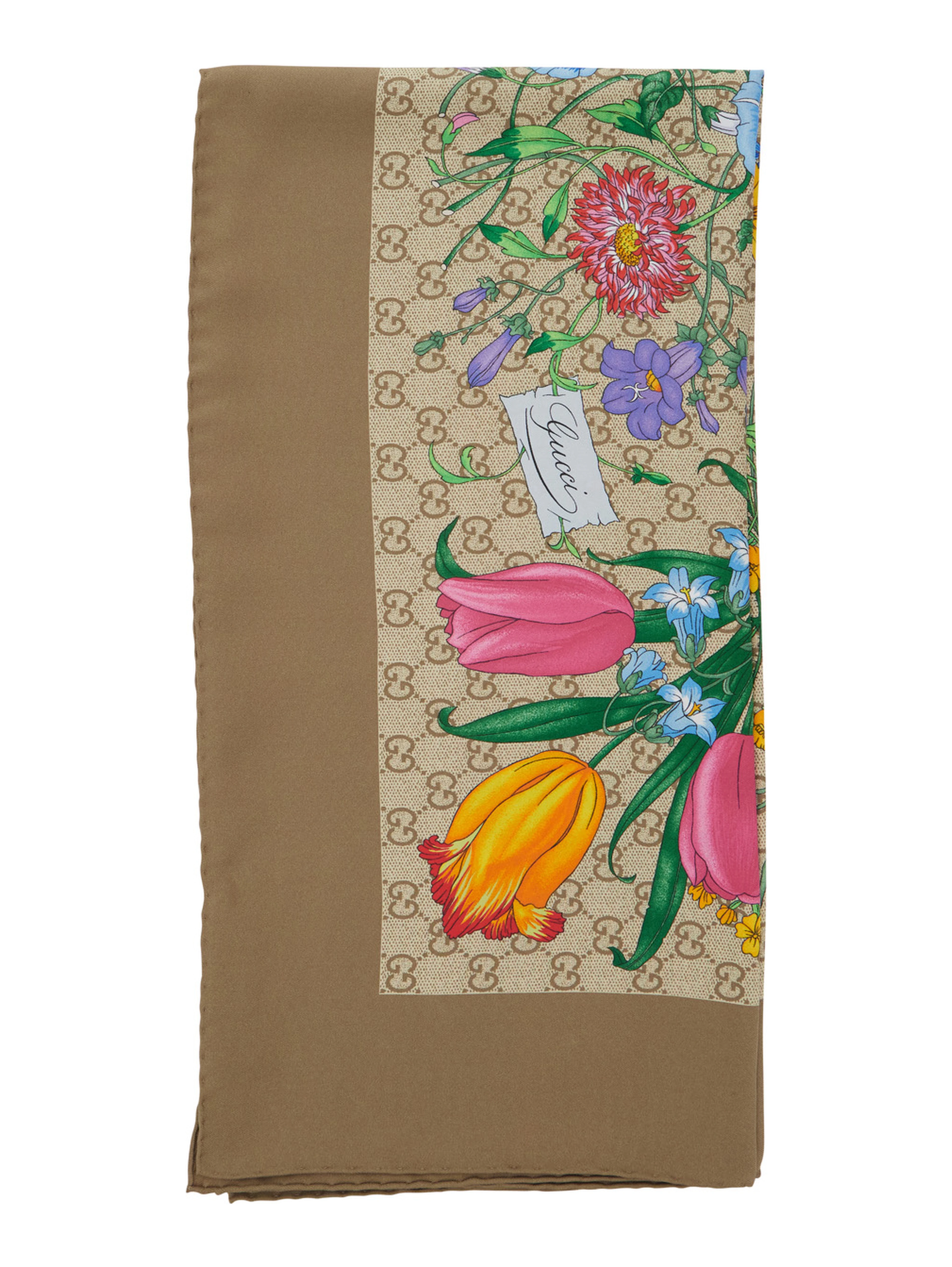 Beige scarf with floral and all-over GG print in silk twill for women