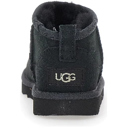 UGG Ultra Mini Black Suede Ankle Boots with Tone-on-Tone Stitching and Flat Rubber Sole, Black, Girl